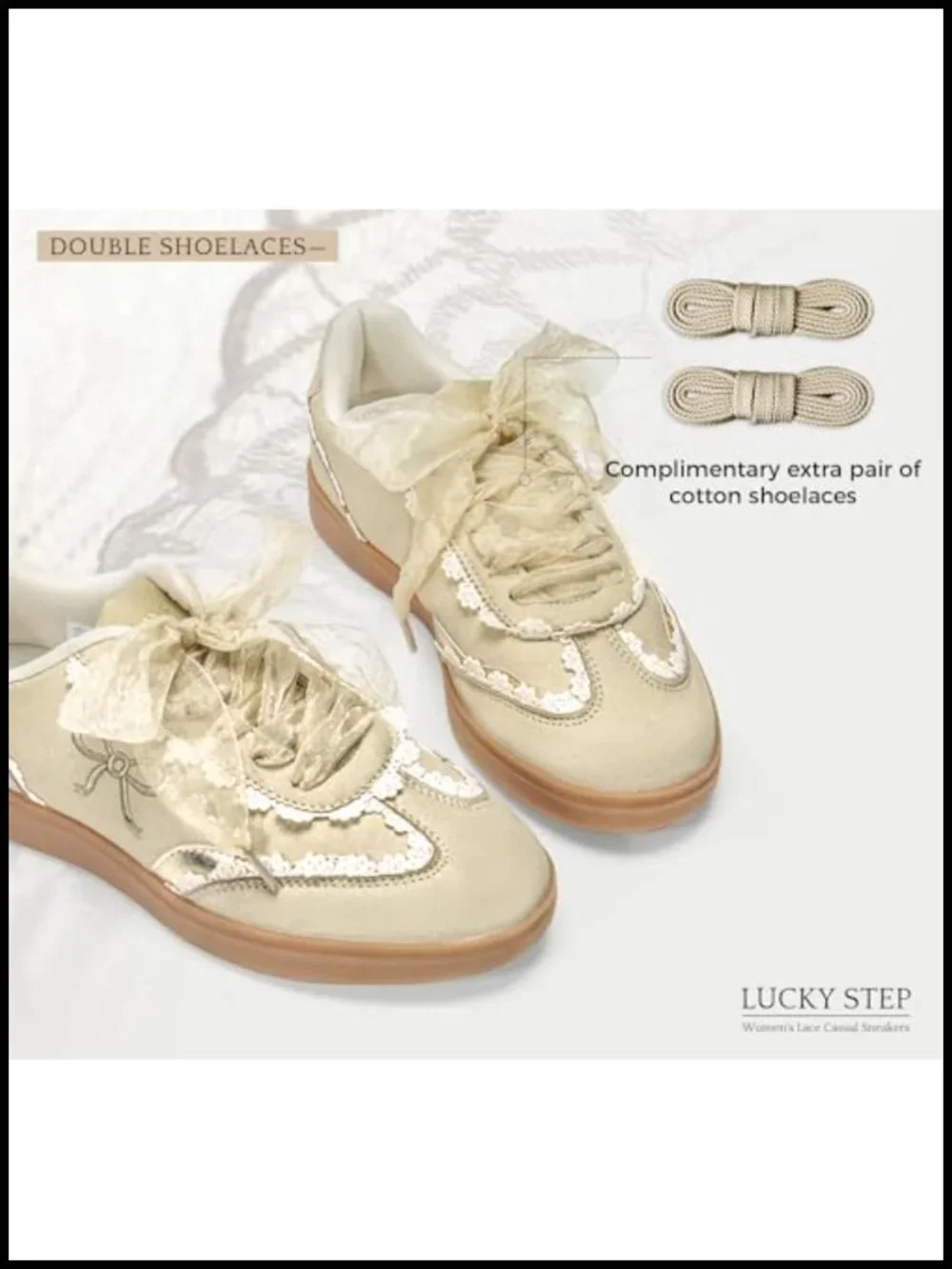 Women's Lace Detail Casual Sneakers Organza Ribbon Lace-Up Fashion Vintage Gum